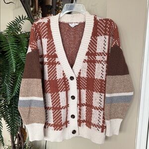 Love Richie Cozy Chic Mixed Knitted Rust Oversized Cardigan Button Down Plaid